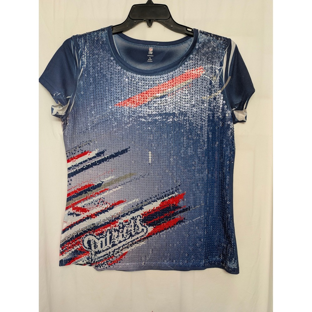 NFL Pro Line New England Patriots Sequin Graphic T-Shirt Blue Red White XL